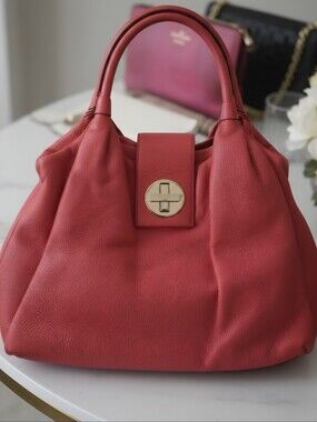 kate spade Coral Pink Pebbled Leather Tote with Gold Turn-Lock